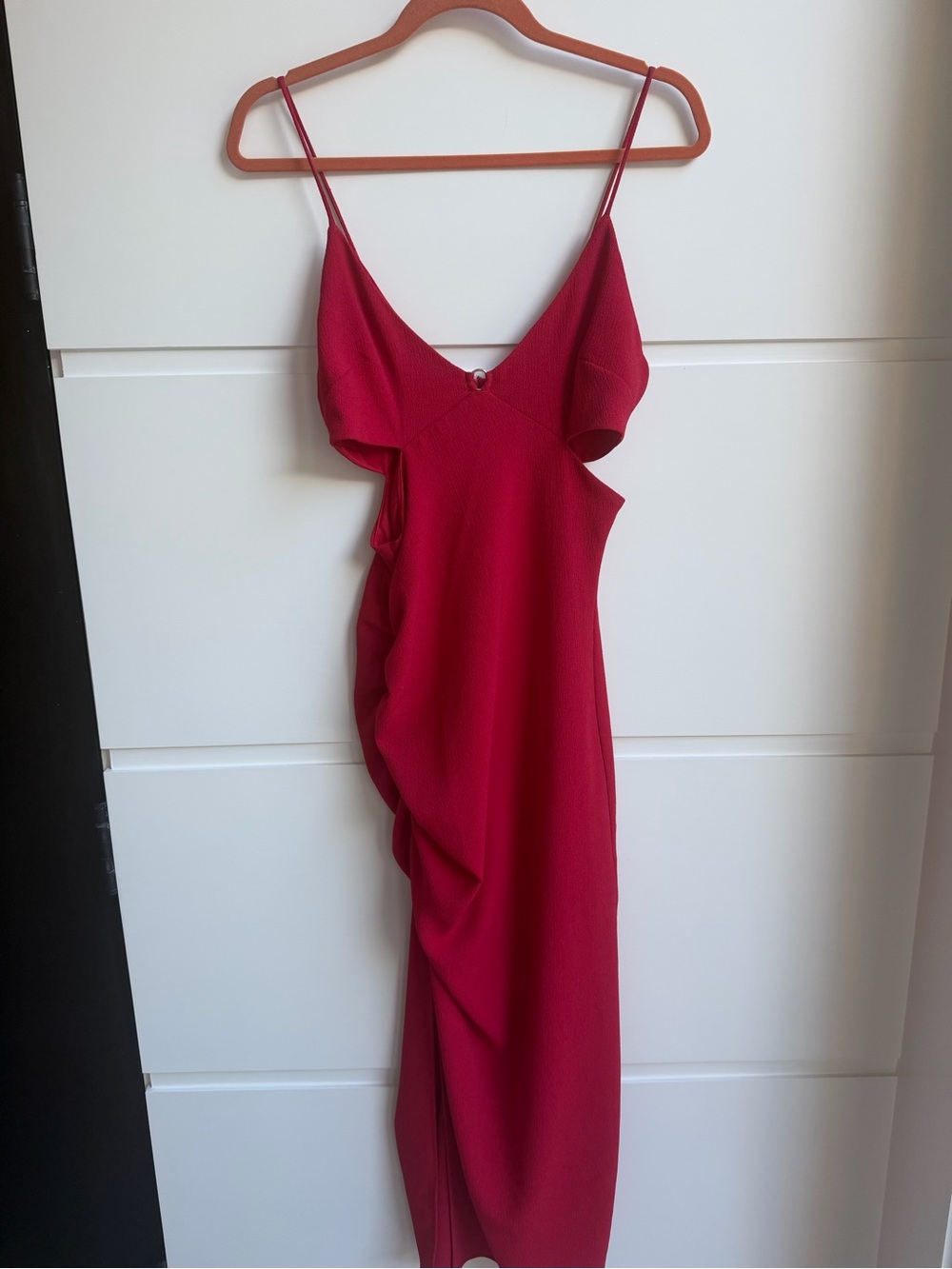 Zara Deep Red Spaghetti-Strap Ruffle Midi Dress with side split
